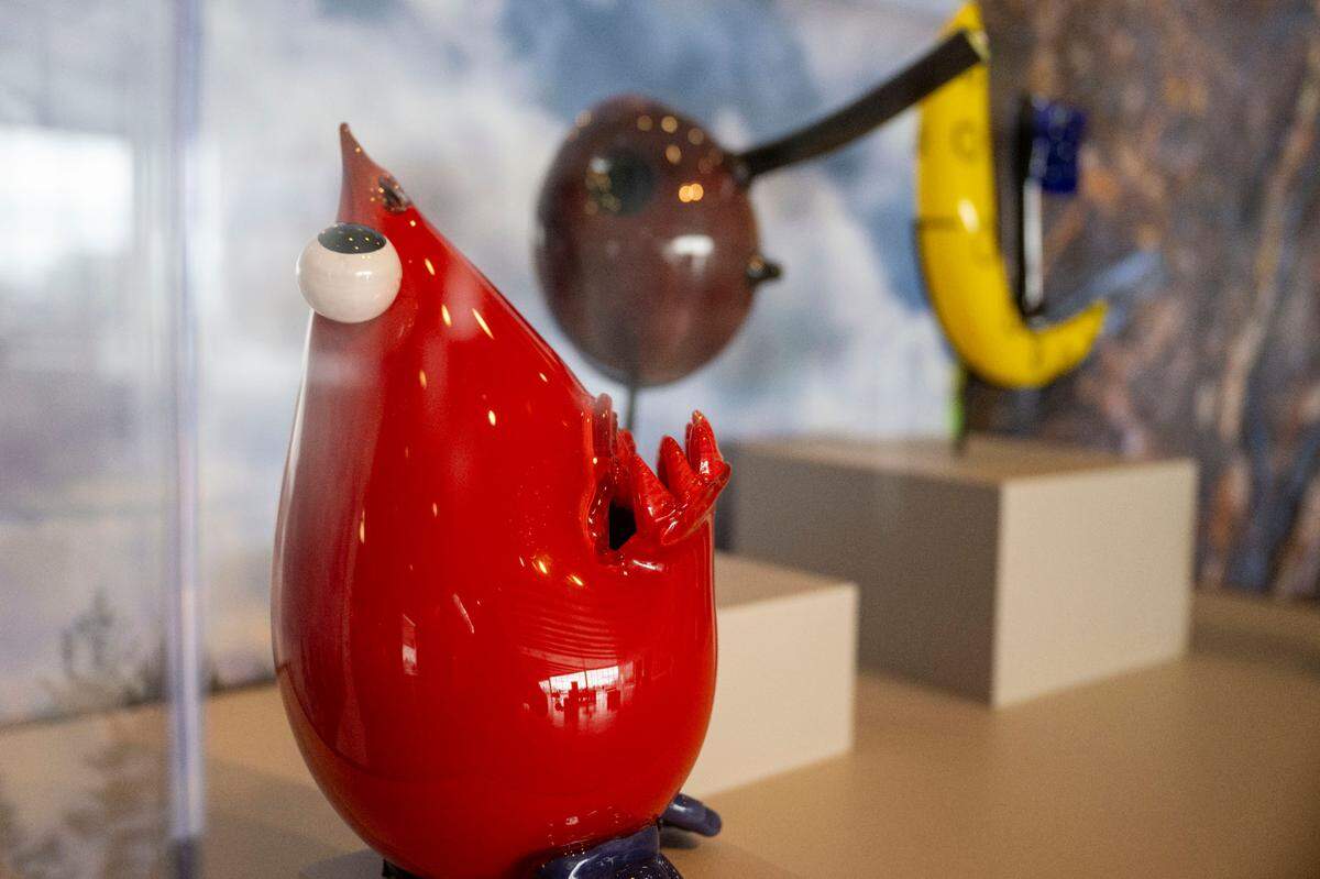 Glass sculpture that were inspired the by the drawings of a children sits on display in celebration of the Museum of Glass’s 20th Anniversary of the “Kids Design Glass” program on Friday, Aug. 16, 2024, in Tacoma, Wash.
