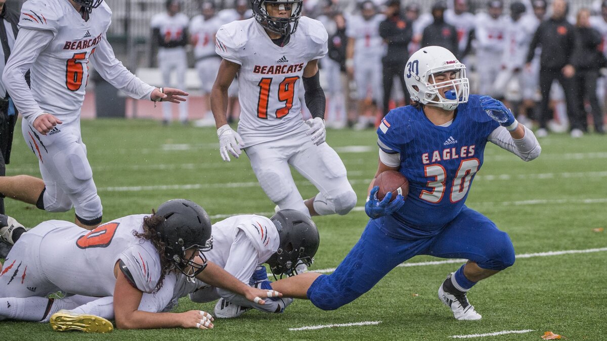 Michael Kelley Jr. of Graham-Kapowsin High School broke a lot of tackles in a 4A playoff football game at Art Crate Field in Spanaway, November 3, 2018.  G-K beat Monroe handily.