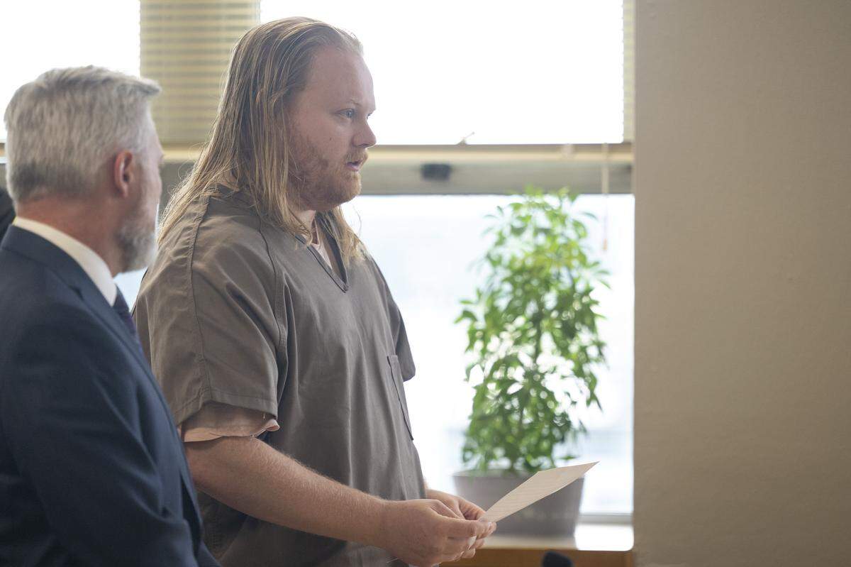 Lars Nelson, 30, speaks during his sentencing hearing on Thursday, June 4, 2026, at Pierce County Superior Court in Tacoma, Wash. Nelson pleaded guilty in April to second-degree murder for fatally shooting 27-year-old Sophie Tinney on April 20, 2025 in a Fox Island home.