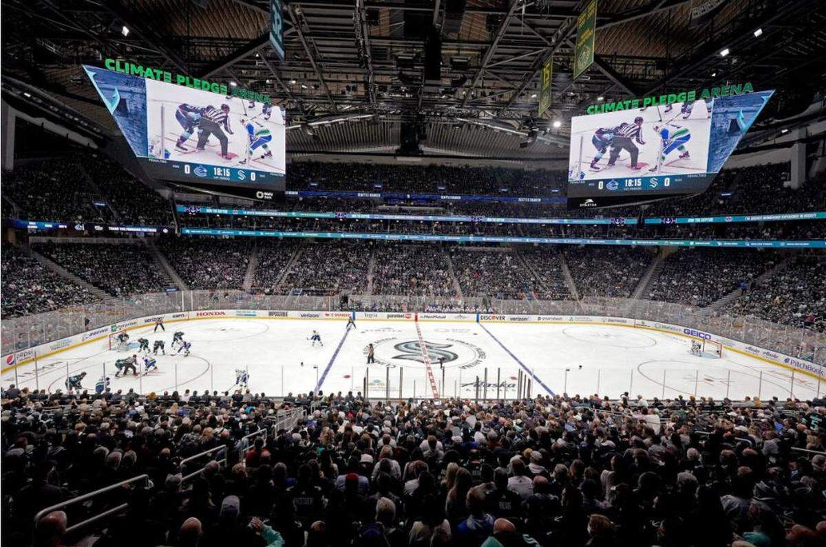 The rink at sparkling Climate Pledge Arena. The Oak View Group rebuilt the arena for the Kraken in Seattle Center for $1.15 billion. It’s on the site and under the historic roof of old KeyArena and Seattle Center Coliseum.