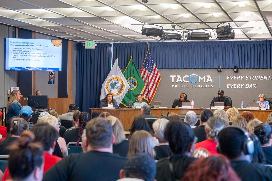 Rosalind Medina, left, Chief Financial Officer for Tacoma Public Schools, gives a 2025-2026 budget update during a board of directors meeting on Thursday, May 22, 2025, at TPS Central Administration Building in Tacoma, Wash. 