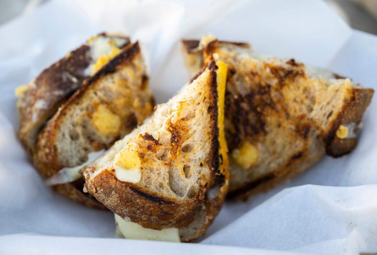The Memoranda Melt is high-quality simplicity: Balloon Roof Baking Co.’s sourdough, melty gouda, butter and a finishing flourish of chef Micah Tucker’s special seasoning salt.