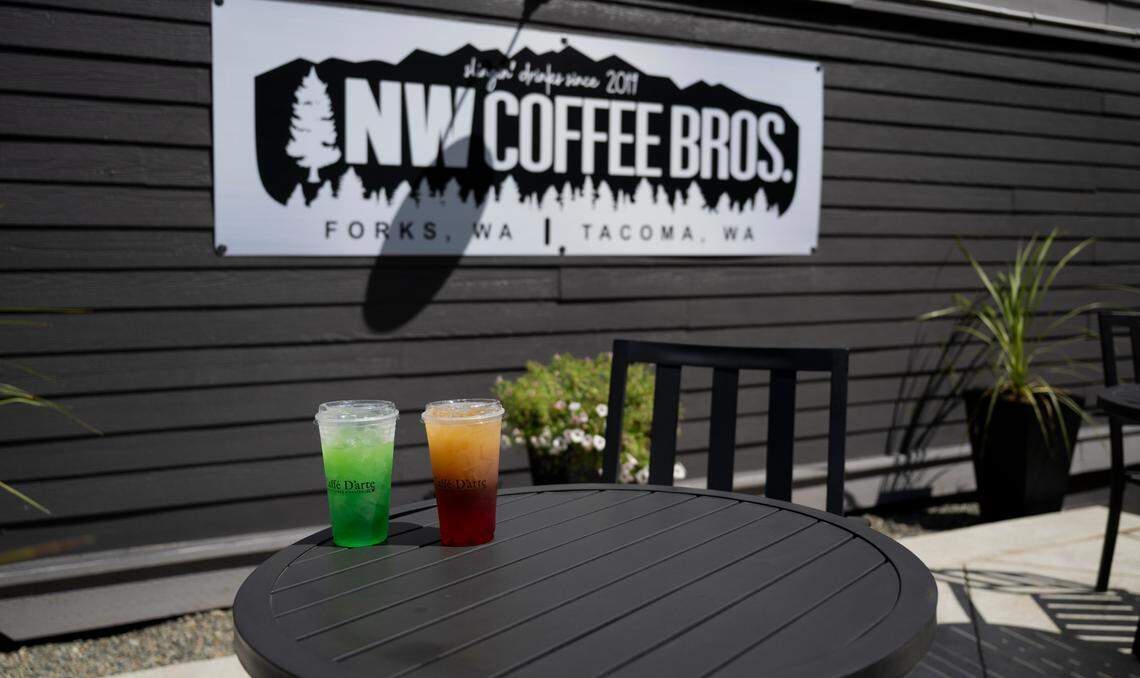 The Mermaid tail, left, and dragonfruit mango energy fusion use Lotus Plant Power at NW Coffee Bros. Tucked between the shop and the neighboring building, the patio offers a nice outdoor respite.