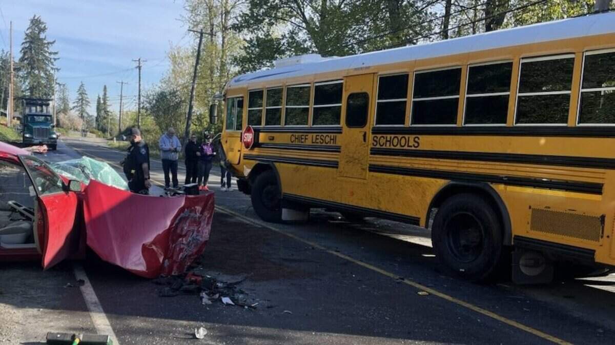 Central Pierce Fire & Rescue crews were dispatched on April 15, 2025 to a crash between a sedan and school bus belonging to Chief Leschi Schools in Puyallup.