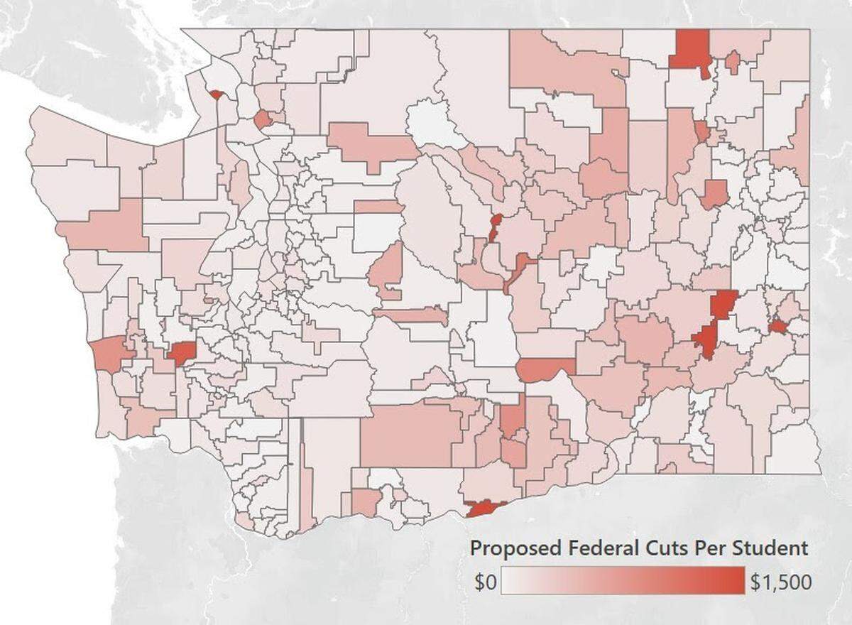 Proposed cuts to the U.S. Department of Education will disproportionately impact school districts in rural parts of the state, according to State Superintendent Chris Reykdal. The map above indicates by color the extent of the loss -- the darker the district, the higher the proposed federal cuts.