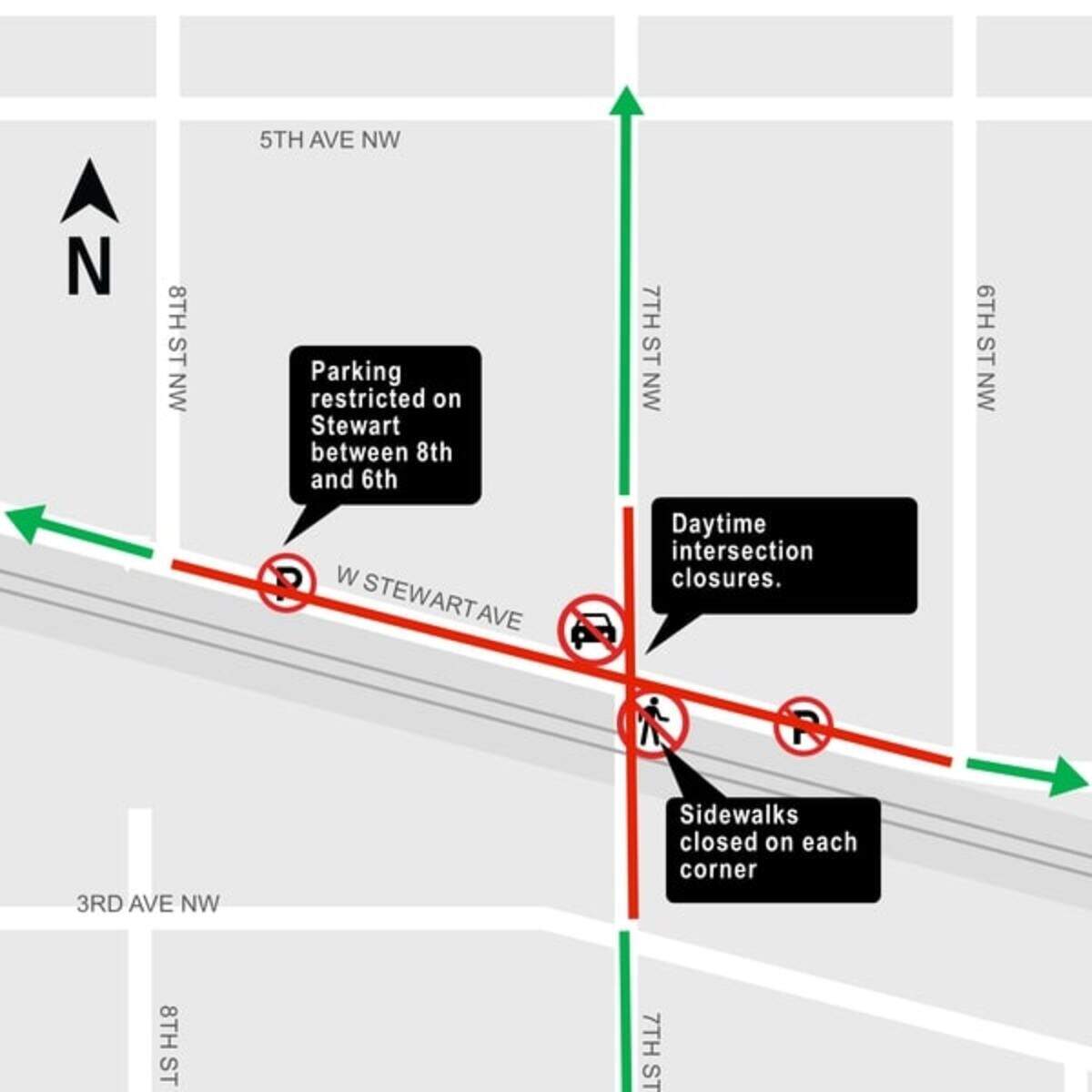 Crews will continue construction on a new traffic signal at the West Stewart Avenue & Seventh Street Northwest intersection in Puyallup.