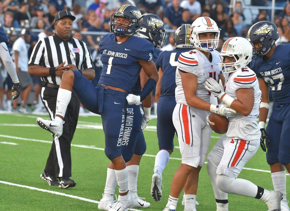 St. John Boscos Chris Steele (1) celebrates a tackle for a loss in Bellflower on Friday, Aug. 17, 2018. St. John Bosco plays their first game on campus since the 2014 season in their new $7.2 million stadium against Timpview of Provo, Utah. (Photo by Scott Varley, Daily Breeze/SCNG)