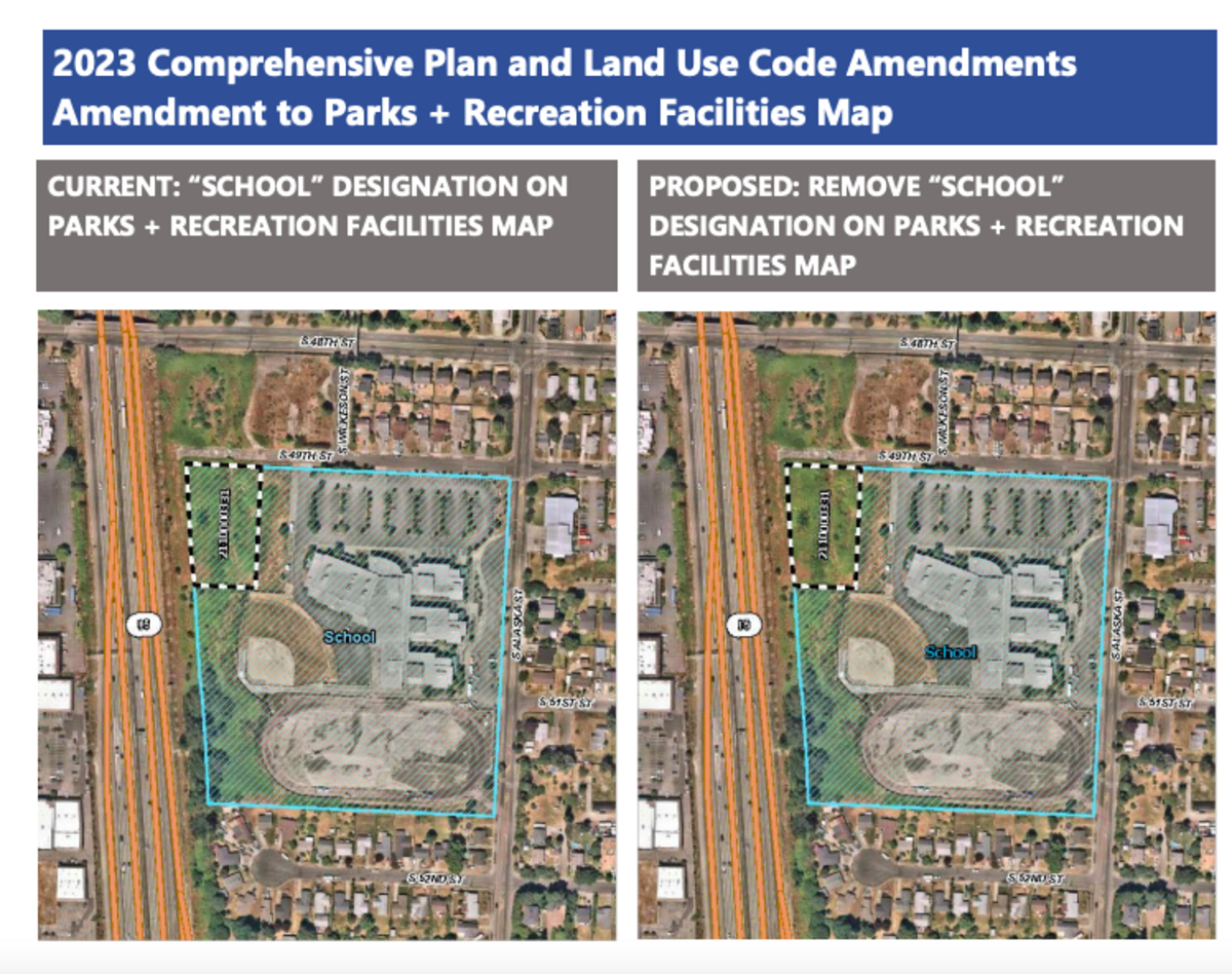 A map showing the land parcel that’s the focus of a land use designation change proposal. The property was originally intended as a Mor Furniture For Less retail site that was later developed near the Tacoma Mall.