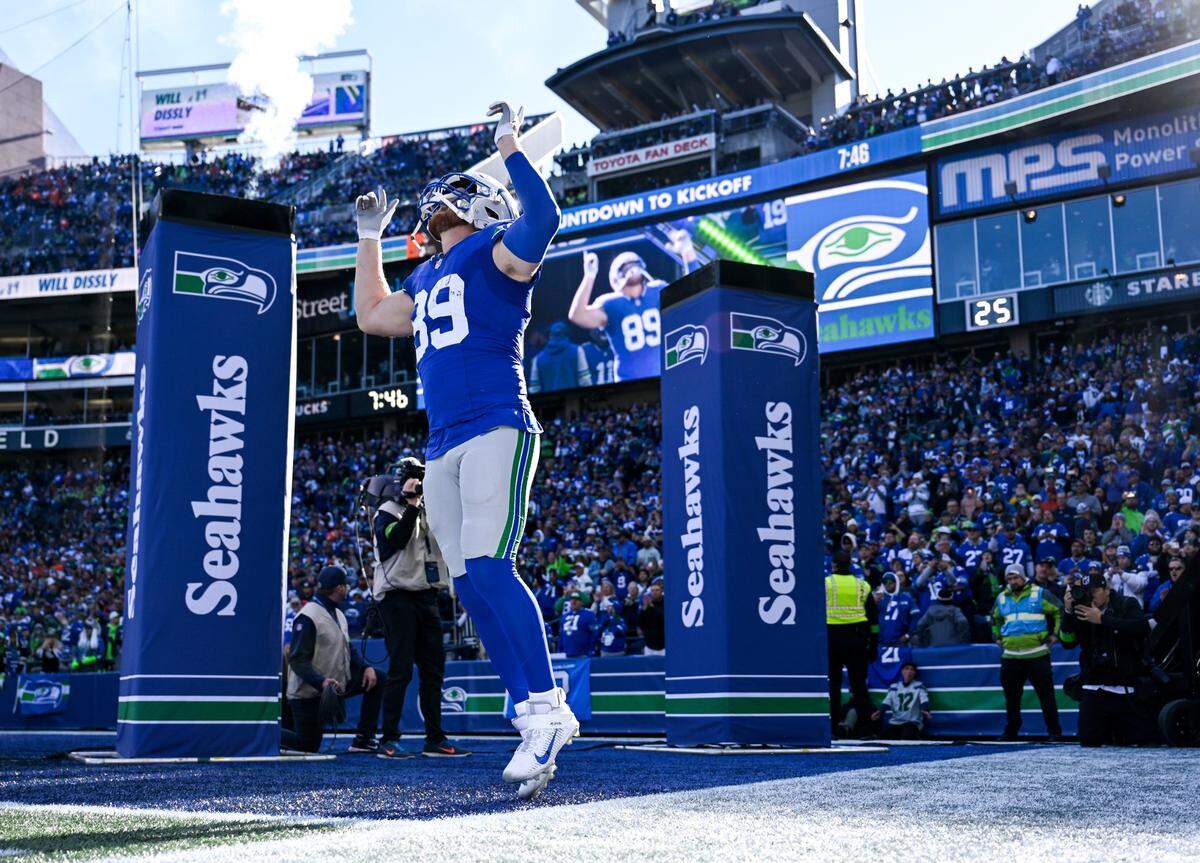 Seattle Seahawks tight end Will Dissly (89) is announced before the game against the Cleveland Browns at Lumen Field, Sunday, Oct. 29, 2023, in Seattle, Wash.