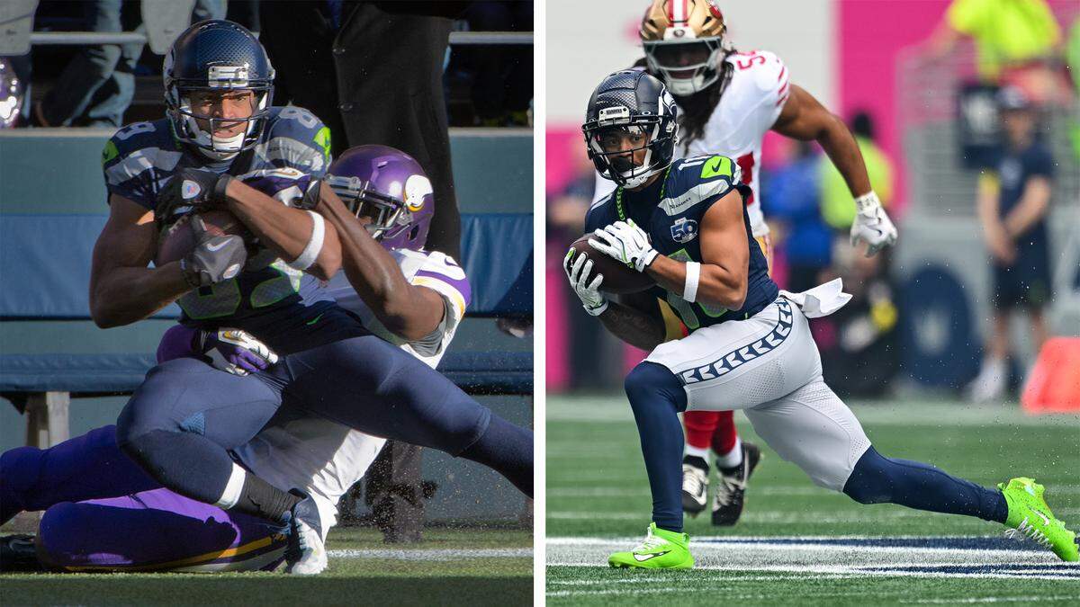 LEFT: Seahawk's Doug Baldwin protects the ball after catching a long pass at CenturyLink Field in Seattle on Sunday, Nov. 17, 2013. (Lui Kit Wong/News Tribune archive) RIGHT: Seattle Seahawks wide receiver Jaxon Smith-Njigba (11) hauls in an 18-yard reception during the first quarter of the game against the San Francisco 49ers at Lumen Field, on Sunday, Sept. 7, 2025, in Seattle. (Brian Hayes / bhayes@thenewstribune.com)
