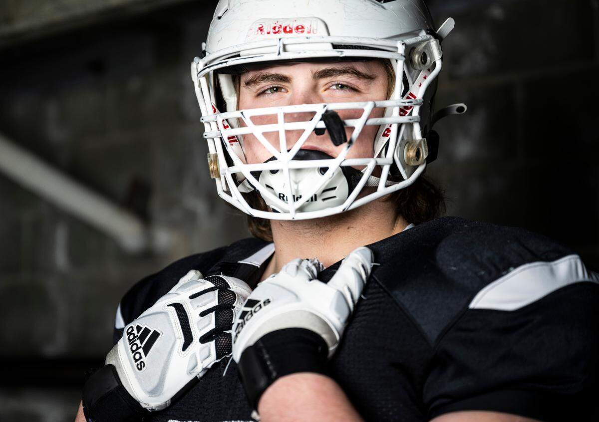 Sumner junior Dylan Sikorski poses for a portrait after being selected as a defensive lineman for The News Tribune’s 2022 All-Area football team, at Mount Tahoma High School in Tacoma, Wash. on Dec. 4, 2022.