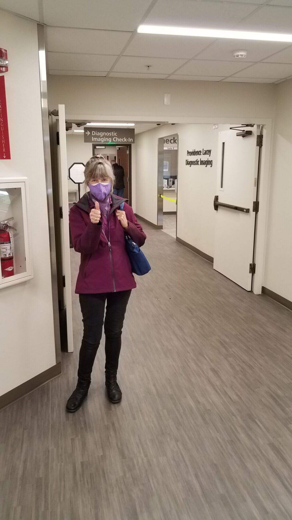 Victoria Tennant, who helped neighbors in Olympia book their vaccine appointments, seen after her second Moderna dose.