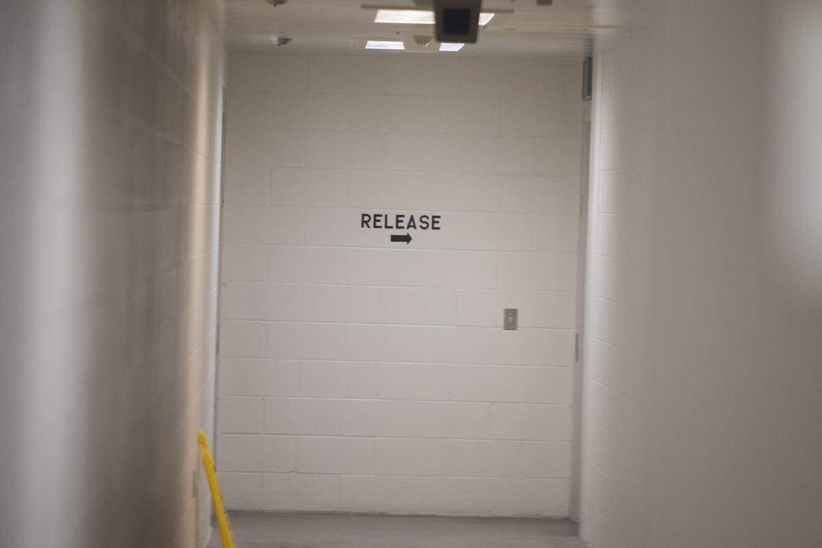 The hallway that leads to where inmates are released at the Pierce County Jail on Wednesday, Sept. 10, 2025, in Tacoma.
