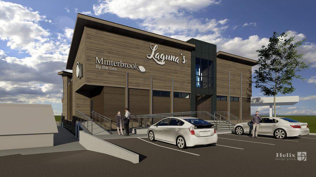 A rendering from Helix Design Group shows the design for the Laguna’s on the Bay building, including two floors with a seafood restaurant, retail and office space.