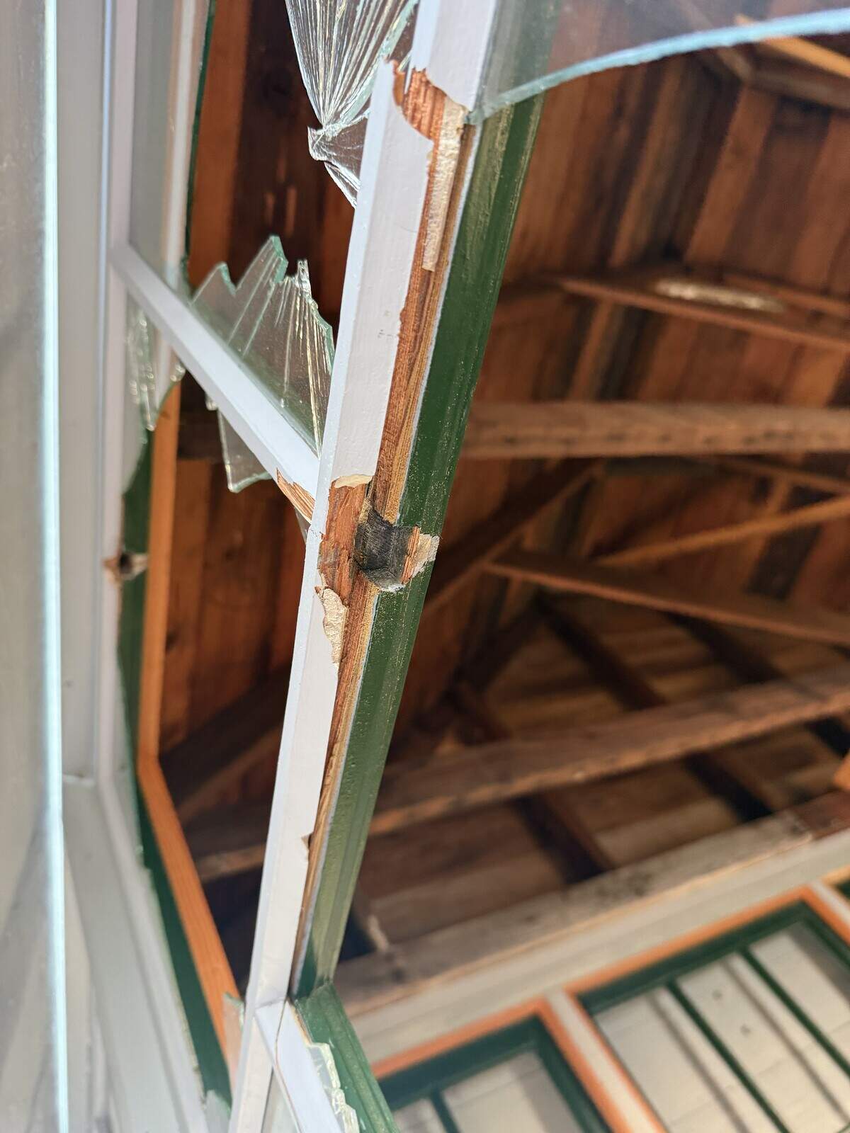 Restored original windows were splintered by vandals last week.
