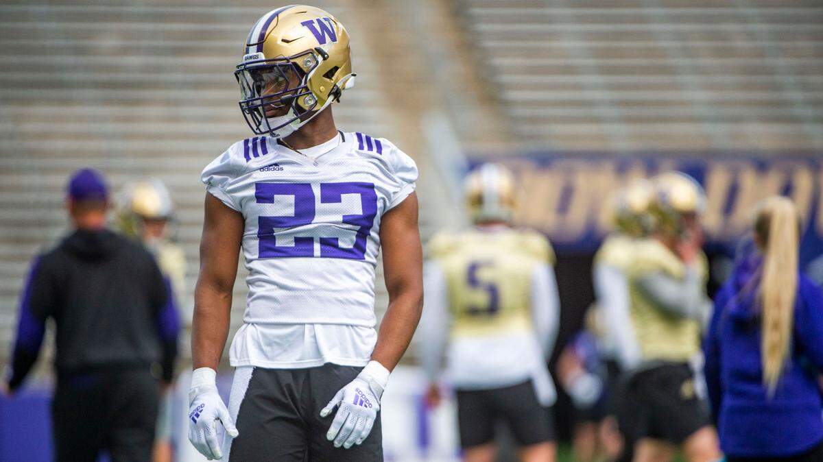 Washington defensive back Mishael Powell waits his turn during drills at spring practice on Wednesday, March 30, 2022, at Husky Stadium in Seattle, Wash.