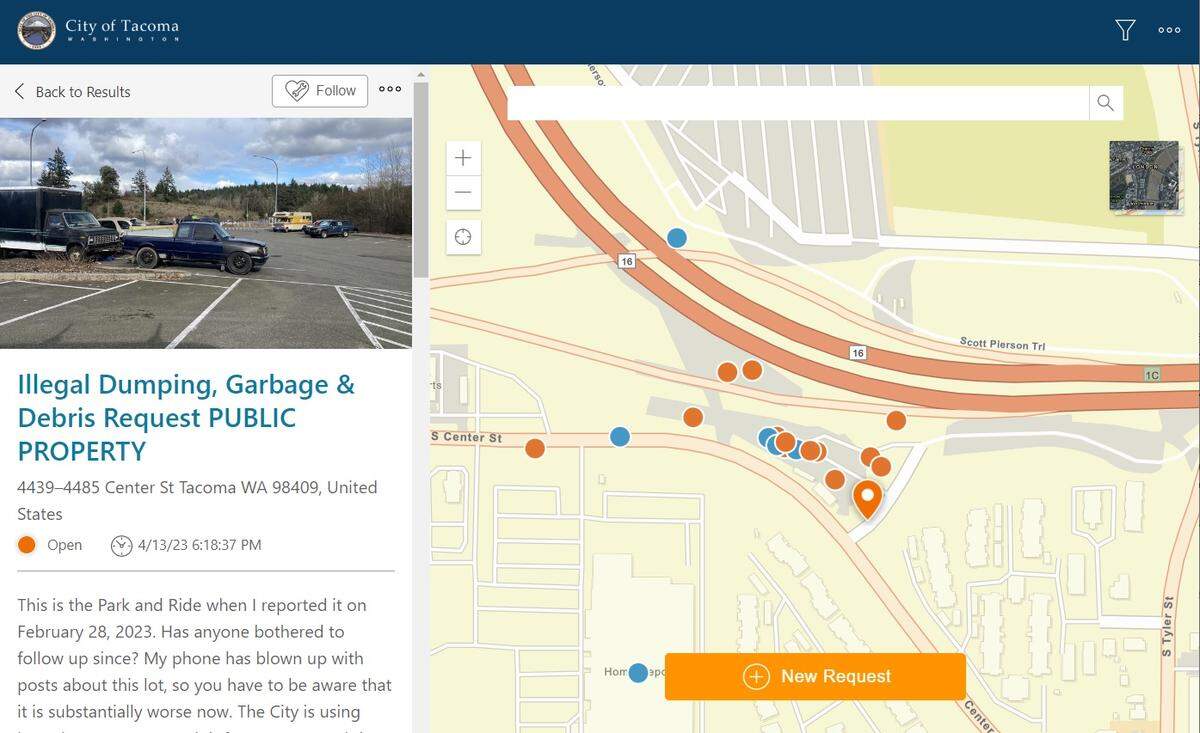 An encampment at a park and ride on Center Street, which is governed by the Washington State Patrol and WSDOT, has received dozens of 311 complaints from nearby citizens.