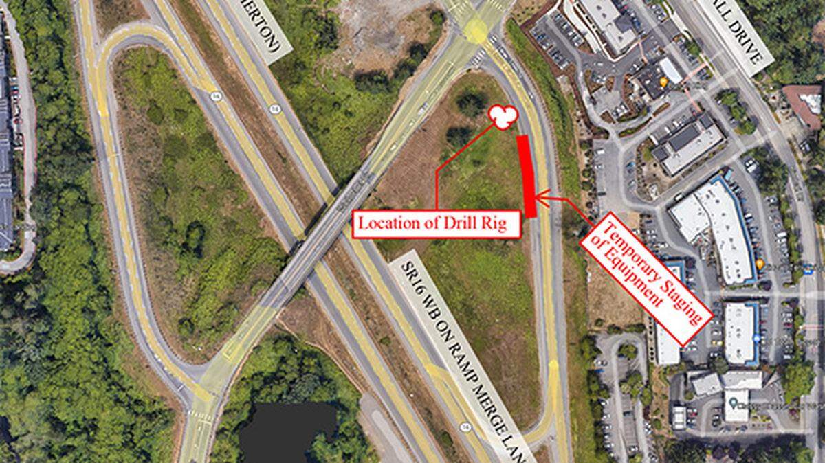Drivers will see narrowed lanes and slower speeds on the on-ramp to westbound state Route 16 from Wollochet Drive due to geotechnical work along the road Wednesday, Aug. 6, 2025, in Gig Harbor, Wash.