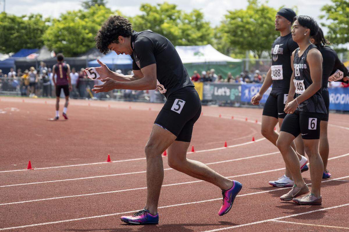 Sumner’s Izear Ferguson celebrates his win in the 4A Boys 100M Dash final on Saturday, May 30, 2026, at the 2026 State Track & Field Championships in Tacoma, Wash.