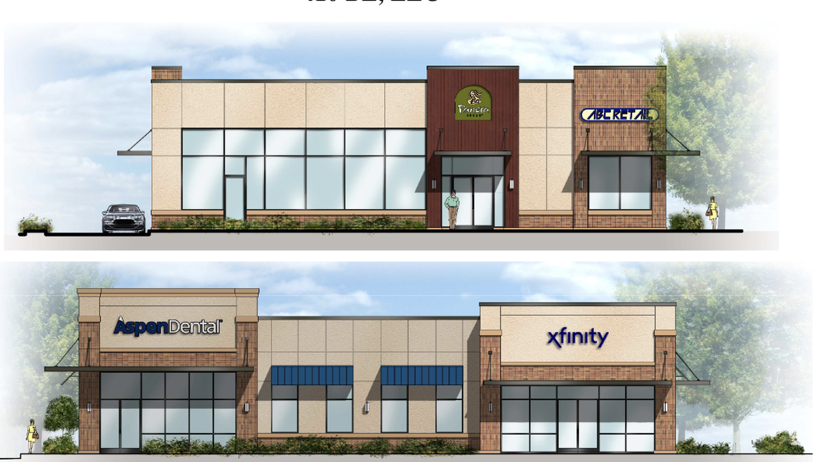 Renderings submitted in plans for Mountain View Marketplace in East Pierce County show Aspen Dental, Panera Bread and an Xfinity store among the potential new businesses.