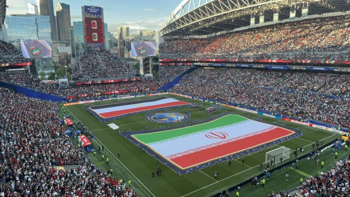 The flags of Egypt and Iran on the field before their national anthems and their World Cup match at Lumen Field FIFA is calling “Seattle Stadium,” Friday, June 26, 2026, in Seattle.