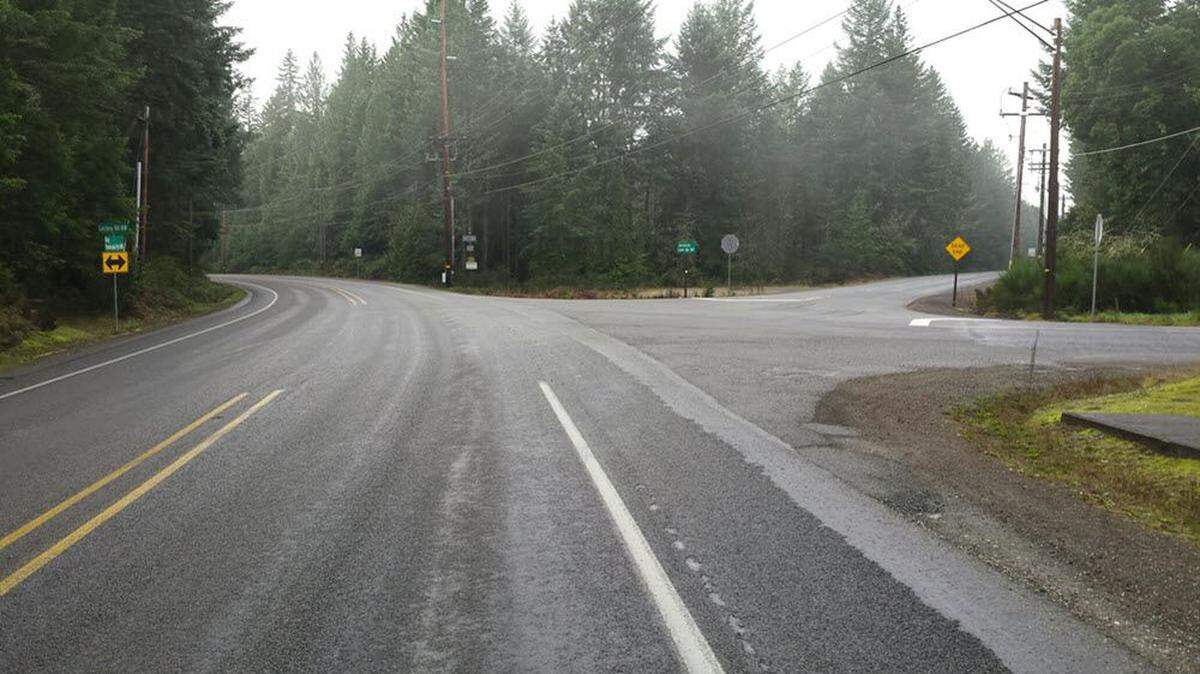A picture of the Lackey Road Northwest/Jackson Lake Road Northwest/Key Peninsula Highway Northwest intersection in the Key Peninsula, Wash. A new roundabout is slated for the area, with safety and traffic congestion improvements.