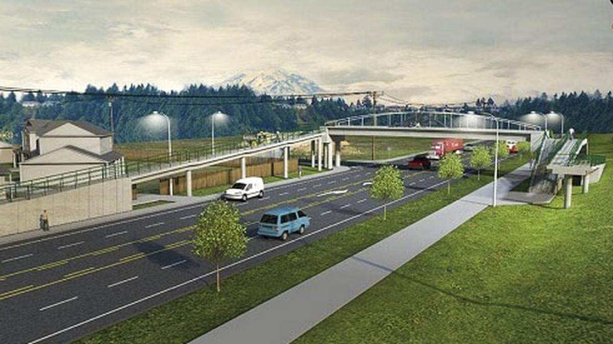 An architectural rendering of a new pedestrian bridge near Rocky Road Northeast in Orting that will help children and community members cross SR 162 safely. The bridge would play a role in the city’s evacuation route if a major lahar or flooding event was to occur.