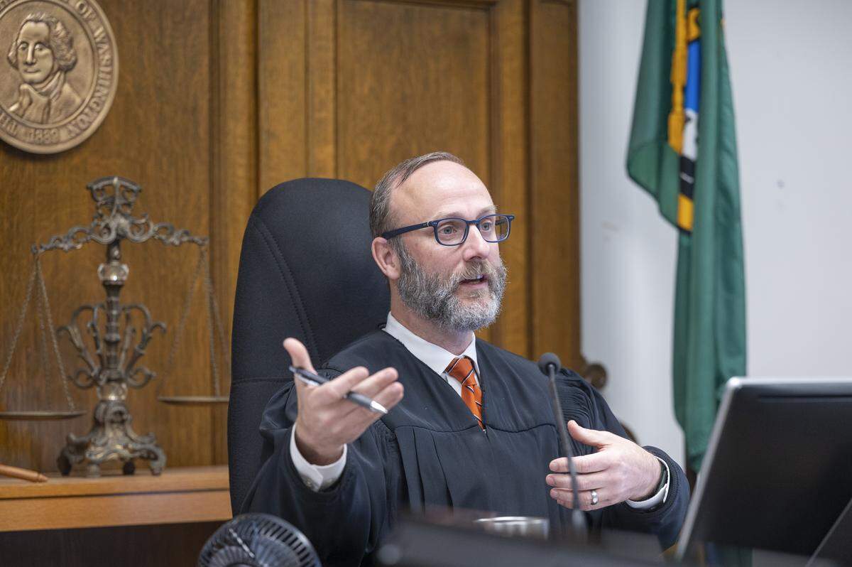King County Superior Court Judge Michael Ryan presides over a hearing on whether to dismiss the lawsuit alleging private attorney Joan Mell is unlawfully invading the Pierce County Prosecutor’s Office. Photographed on Friday, Oct. 31, 2025, at the King County Courthouse in Seattle. 