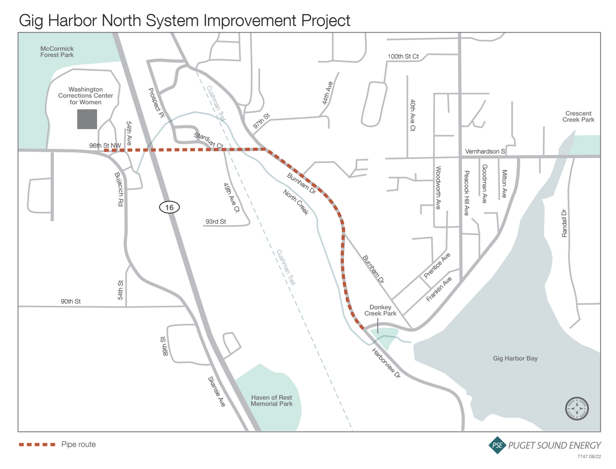 Natural gas crews from PSE and InfraSource will be installing approximately 1.2 miles of natural gas line. Work will begin on 96th Street Northwest, continuing along Burnham Road and Harborview Drive, finishing northwest of Donkey Creek Park.
