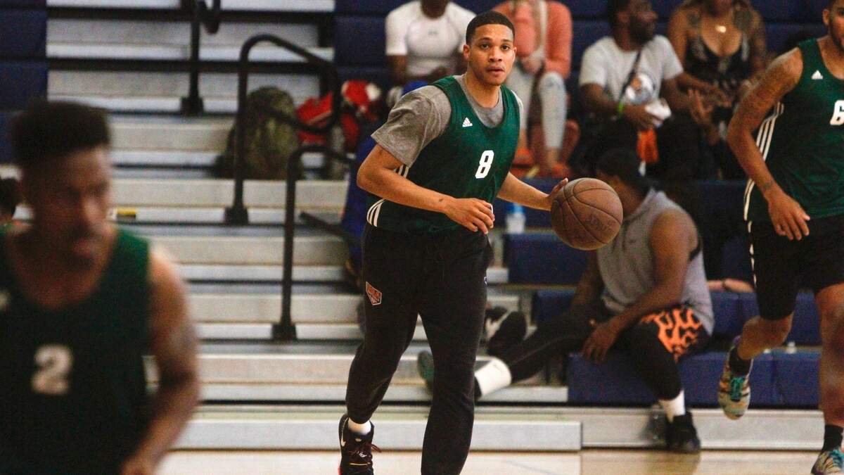 Former University of Washington and Bellarmine Prep guard Abdul Gaddy brings the ball up the floor at the sixth-annual “Zeke-End” tournament, organized by former Curtis standout and NBA veteran Isaiah Thomas at Tacoma Community College on Friday, Aug. 2, 2019.