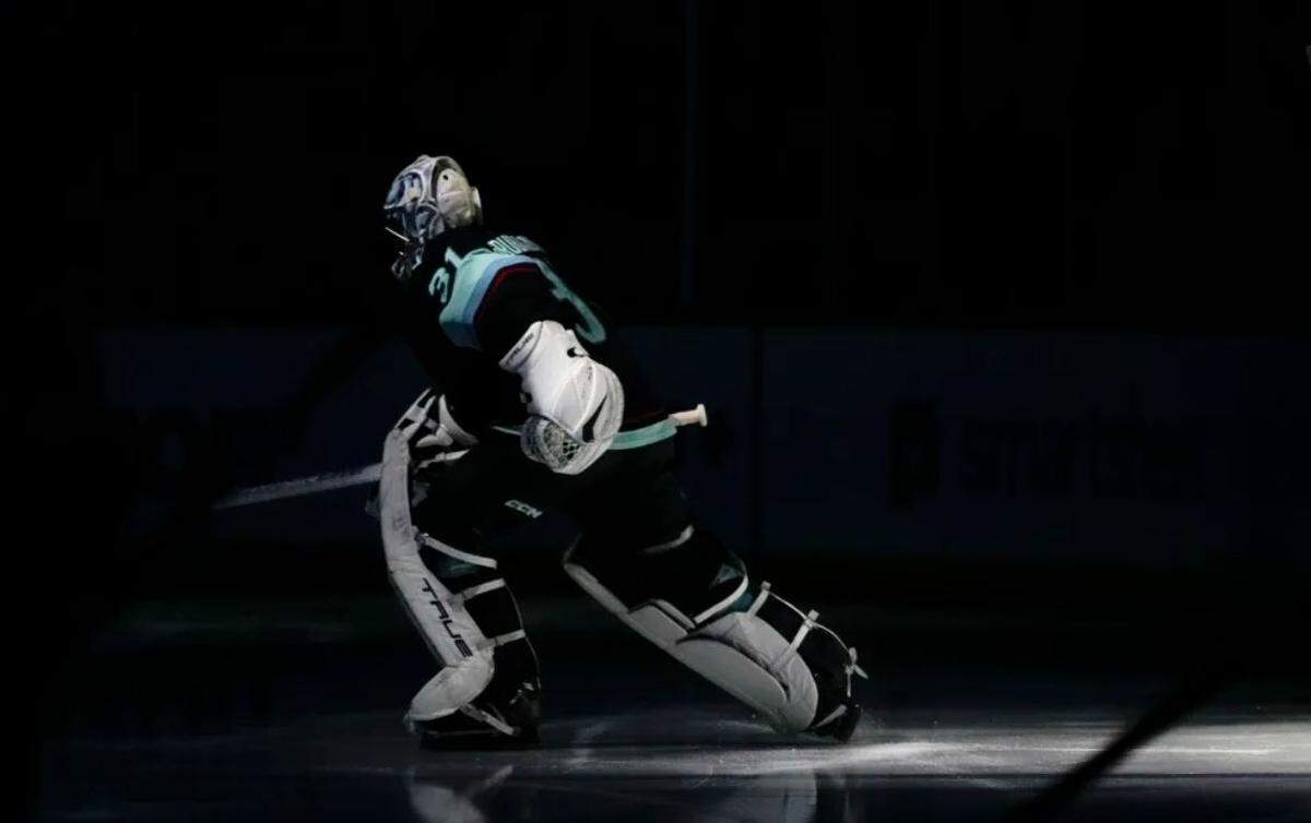 Seattle Kraken goaltender Philipp Grubauer is introduced for the team’s playoff-clinching NHL game against the Arizona Coyotes, Thursday, April 6, 2023, at Climate Pledge Arena.