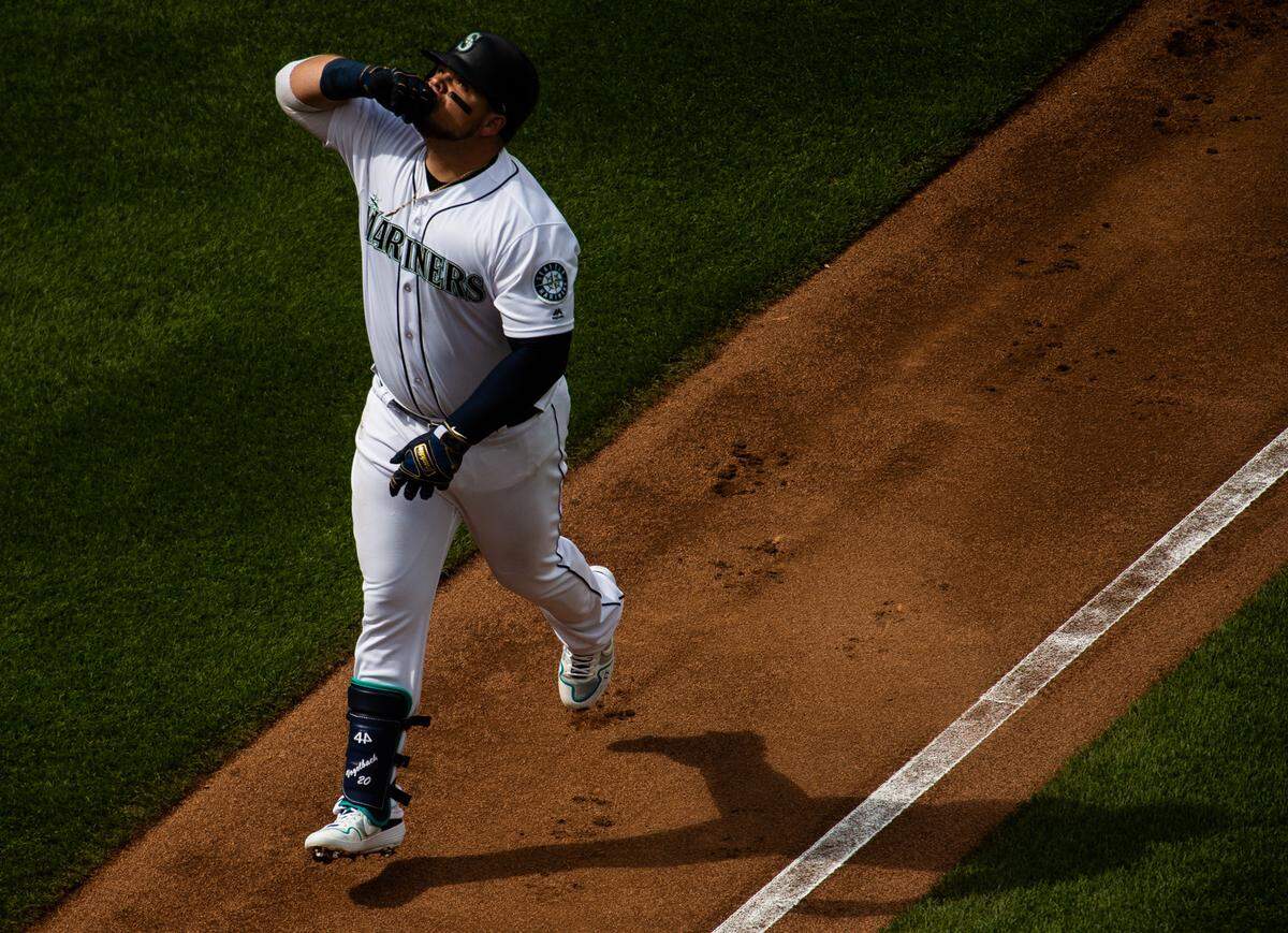 Daniel Vogelbach celebrates a home run in the first inning. The Seattle Mariners played the Kansas City Royals in a Major League Baseball game at T-Mobile Park in Seattle, Wash., on Wednesday, June 19, 2019. 