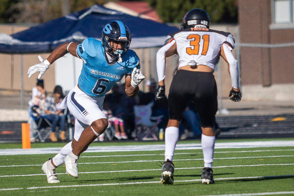 Skyline wide receiver and defensive back Kenyon Sadiq (6) in a football game against Idaho Falls on Saturday, Sept. 24, 2022 at Ravsten Stadium in Idaho Falls, Idaho.