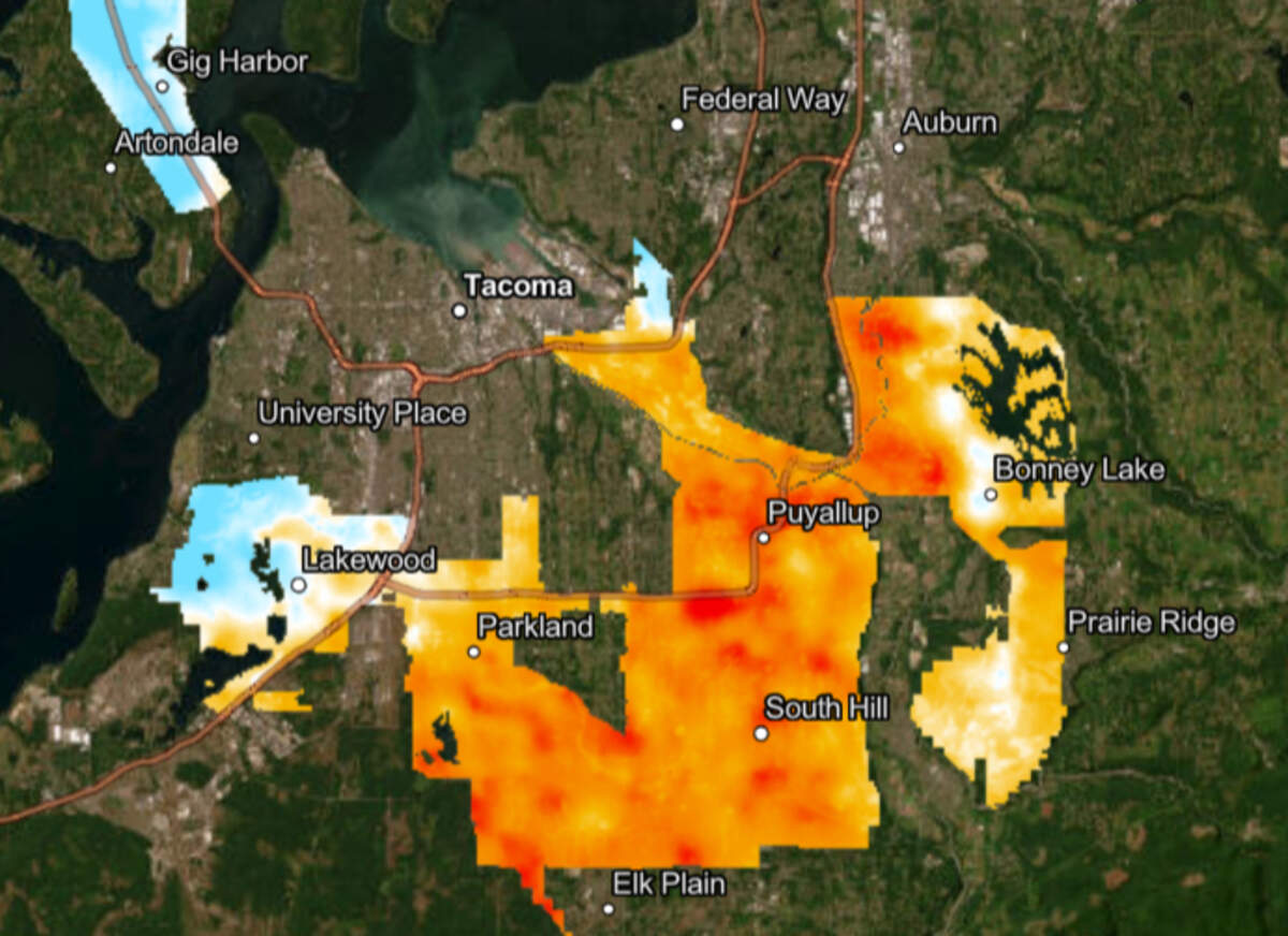 Temperatures across Pierce County between 3 p.m. and 4 p.m. on Aug. 4, 2024. Temperatures in inland areas, like Puyallup, South Hill and Sumner, reached up to 87 degrees. This was a 10-degree difference from areas closer to bodies of water, like Bonney Lake, Lakewood and Gig Harbor.