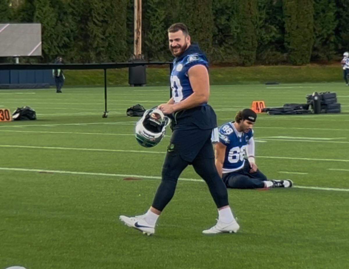 Seahawks rookie fullback Robbie Ouzts returns to practice off the injured-reserve list Monday, Oct. 27, 2025, at the Virginia Mason Athletic Center in Renton.