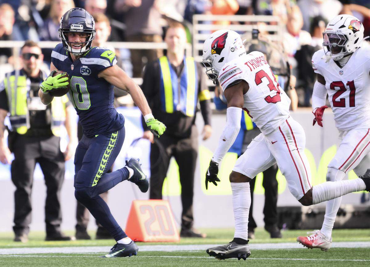 Seattle Seahawks wide receiver Cooper Kupp (10) picks up a 67-yard reception during the second quarter of the game against the Arizona Cardinals at Lumen Field, on Sunday, Nov. 9, 2025, in Seattle.
