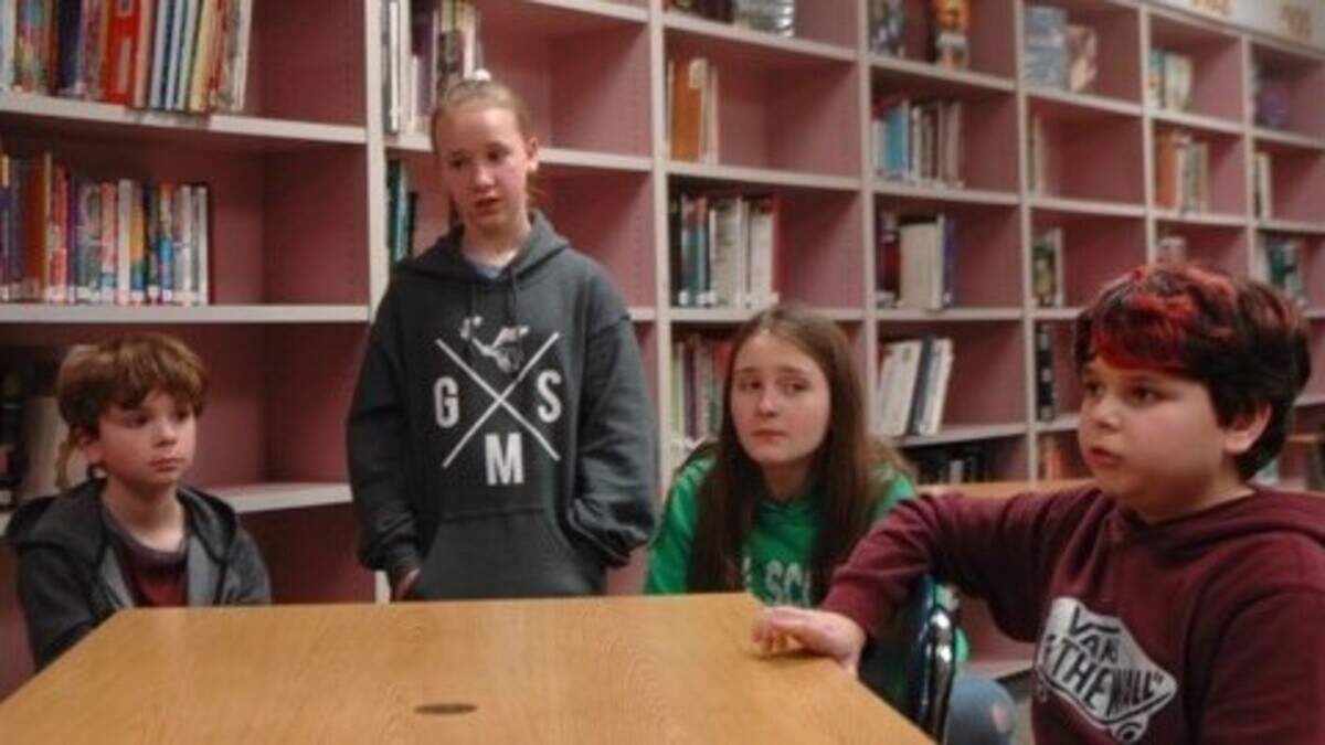 Brainstorming their science project were Goodman Middle School students, from left, Kayson Starwalt, Kaitlyn McCallister, Kim Bornt and William Swanson.