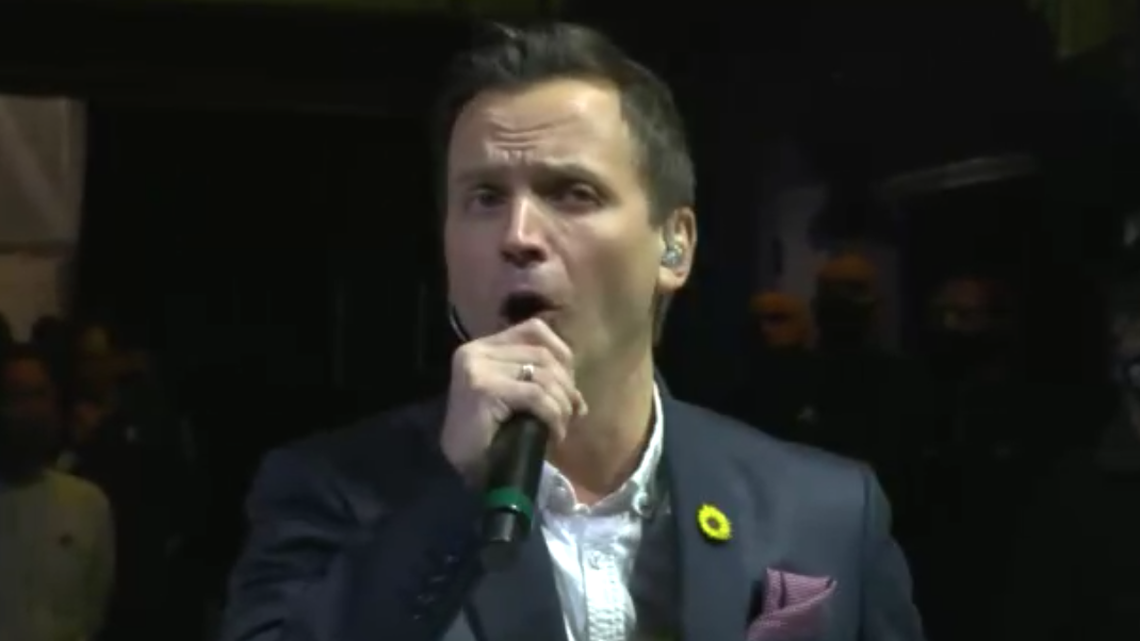 Ukrainian singer Roman Vashchuk sang his country’s national anthem before the Seattle Kraken’s game Wednesday, March 2, against the Nashville Predators.