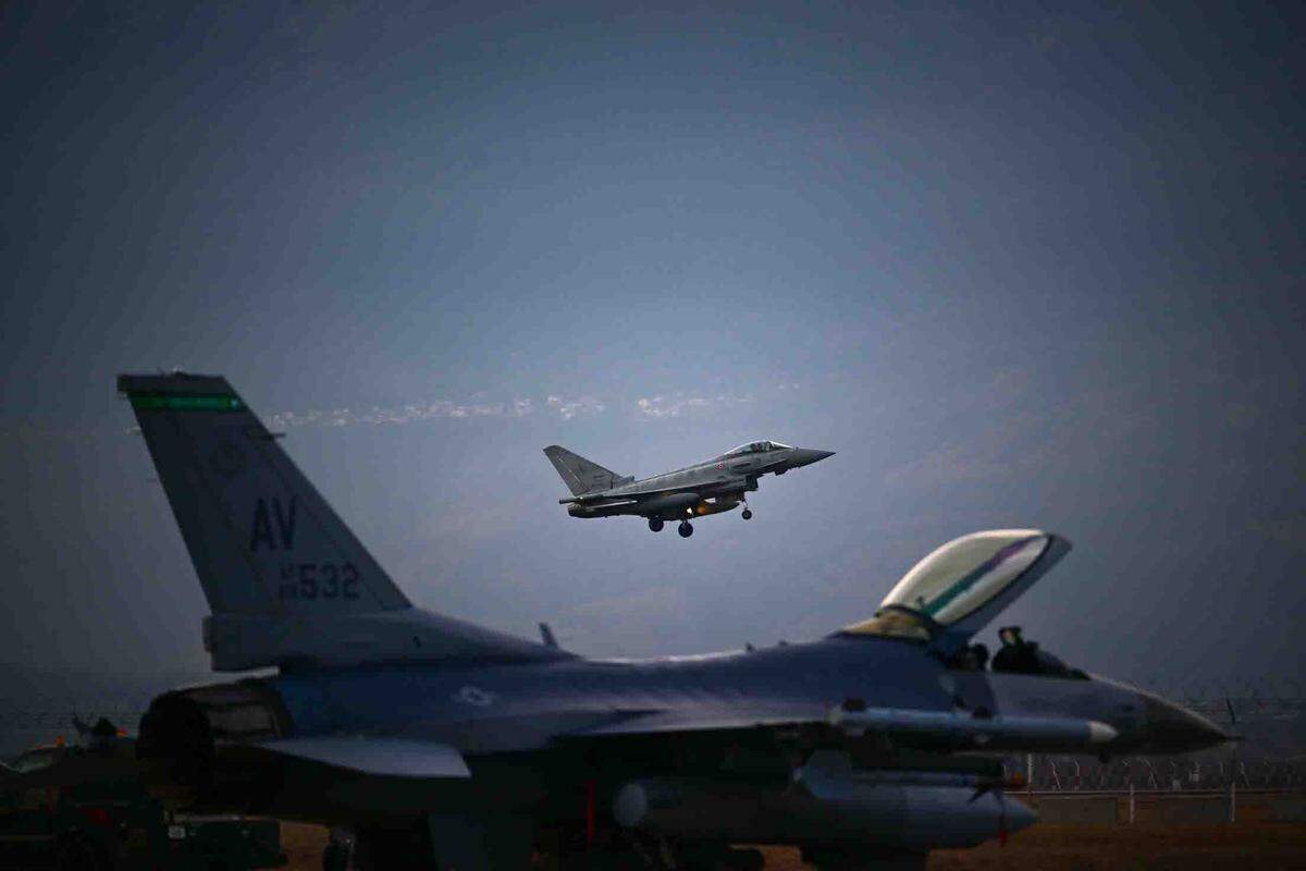 An Italian air force Eurofighter Typhoon assigned to the 51st Wing at Istrana Air Base, Italy, lands during a defensive counter-air training at Aviano Air Base, Italy, Jan. 31, 2024. The 555th Fighter Squadron and the 51st Wing completed DCA training over the Adriatic Sea.