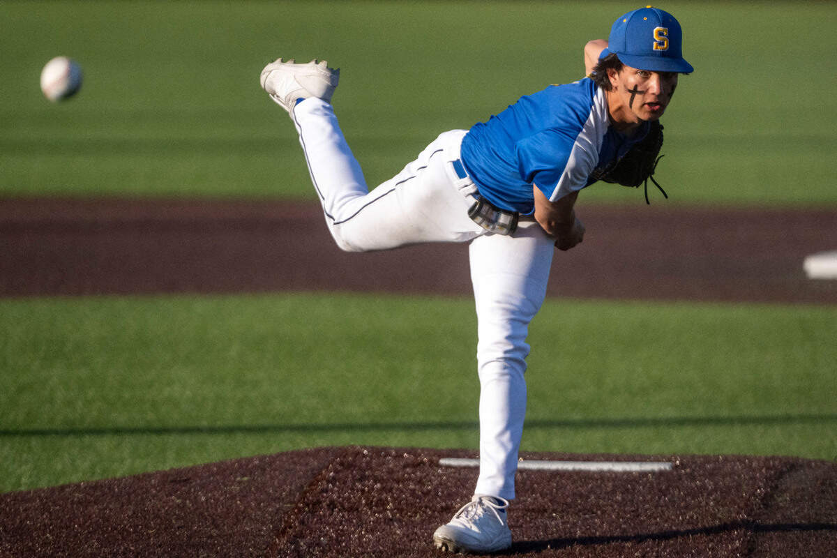 Stadium starter Jesse Winkler delivers a pitch to a Timberline batter during the bottom of the first inning of the 3A West Central/Southwest district baseball championship game at Auburn High School on Saturday, May 13, 2023, in Auburn, Wash.