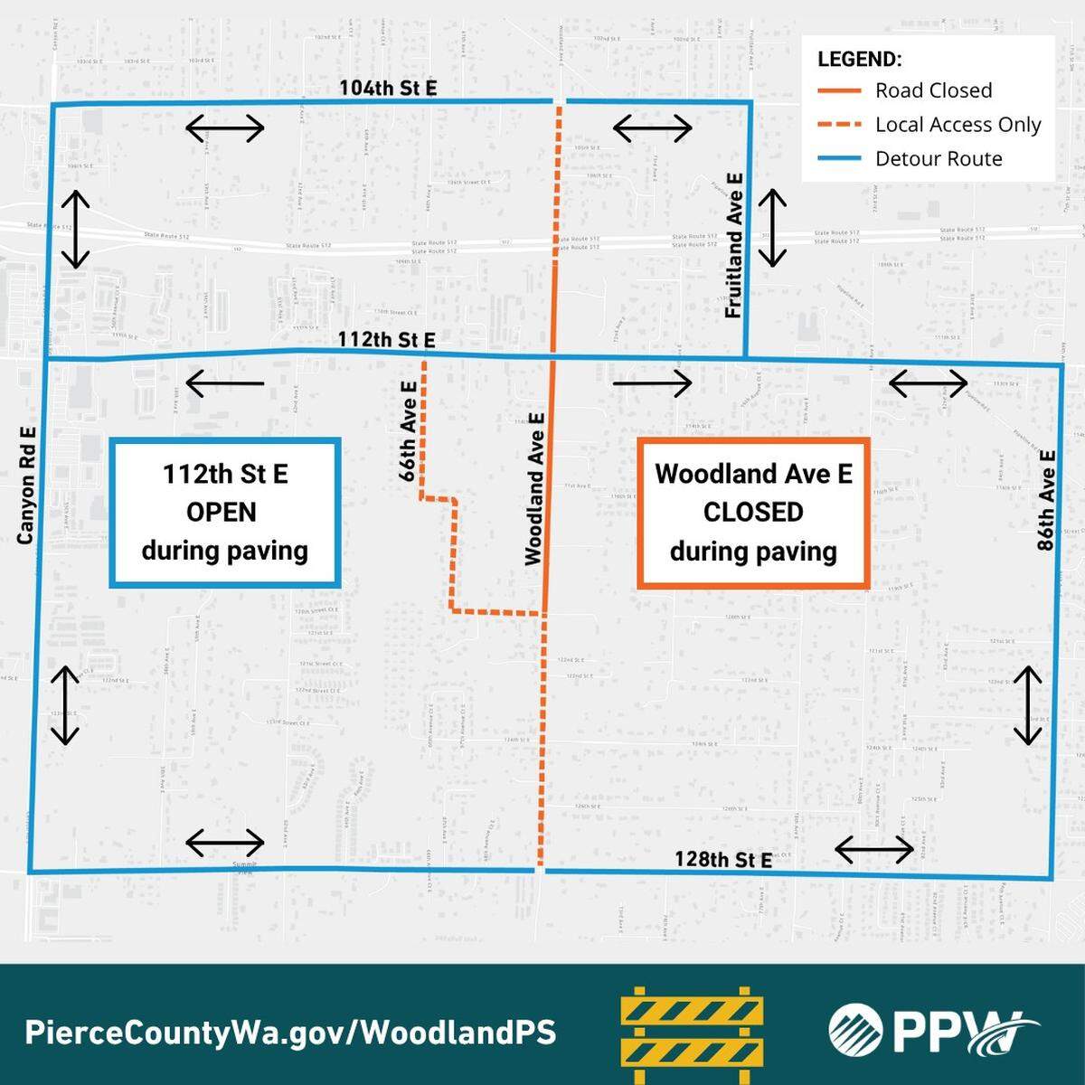 The final paving of Woodland Avenue East, 112th Street East and 66th Avenue East is scheduled for May 26 to 29 in Pierce County.