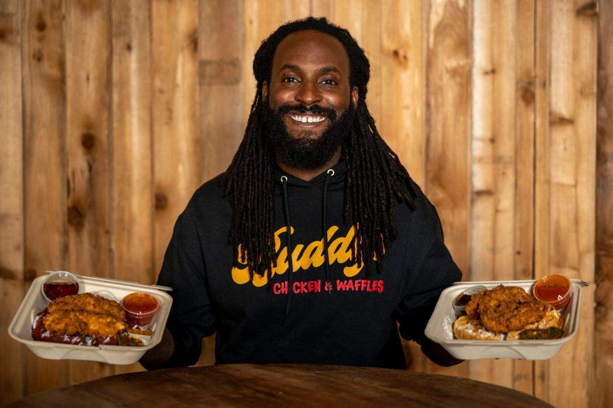 Buddy’s seasons and marinates tenderloins in buttermilk overnight, then hand-dredges the next day. The result is moist, crackly fried chicken, here over a cornbread waffle inspired by his grandmother’s recipe he learned growing up in Baltimore.
