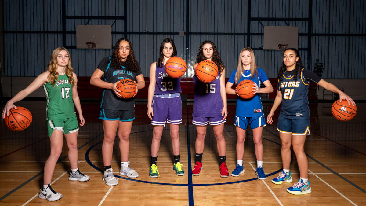 The News-Tribune’s 2022 All-Area girls basketball team is pictured at Silas High School in Tacoma, Wash. on Wednesday, March 16, 2022. From left: Tumwater’s Aubrey Amendala, Bonney Lake’s Jazmyn Shipp, Sumner’s Alyson Deaver, Sumner’s Catelyn Deaver, Tahoma’s Hope Hassmann and Annie Wright’s Jazmyn Stone.