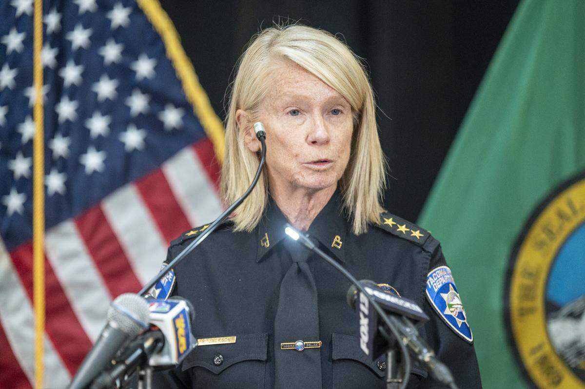 Tacoma Police Chief Patti Jackson speaks during a press conference on the takedown of a drug-trafficking ring on Thursday, Aug. 21, 2025, at the Tacoma Police Department in Tacoma, Wash. The drug-trafficking ring was the subject of an 18-month investigation, including a two-month wiretap, led by the FBI.