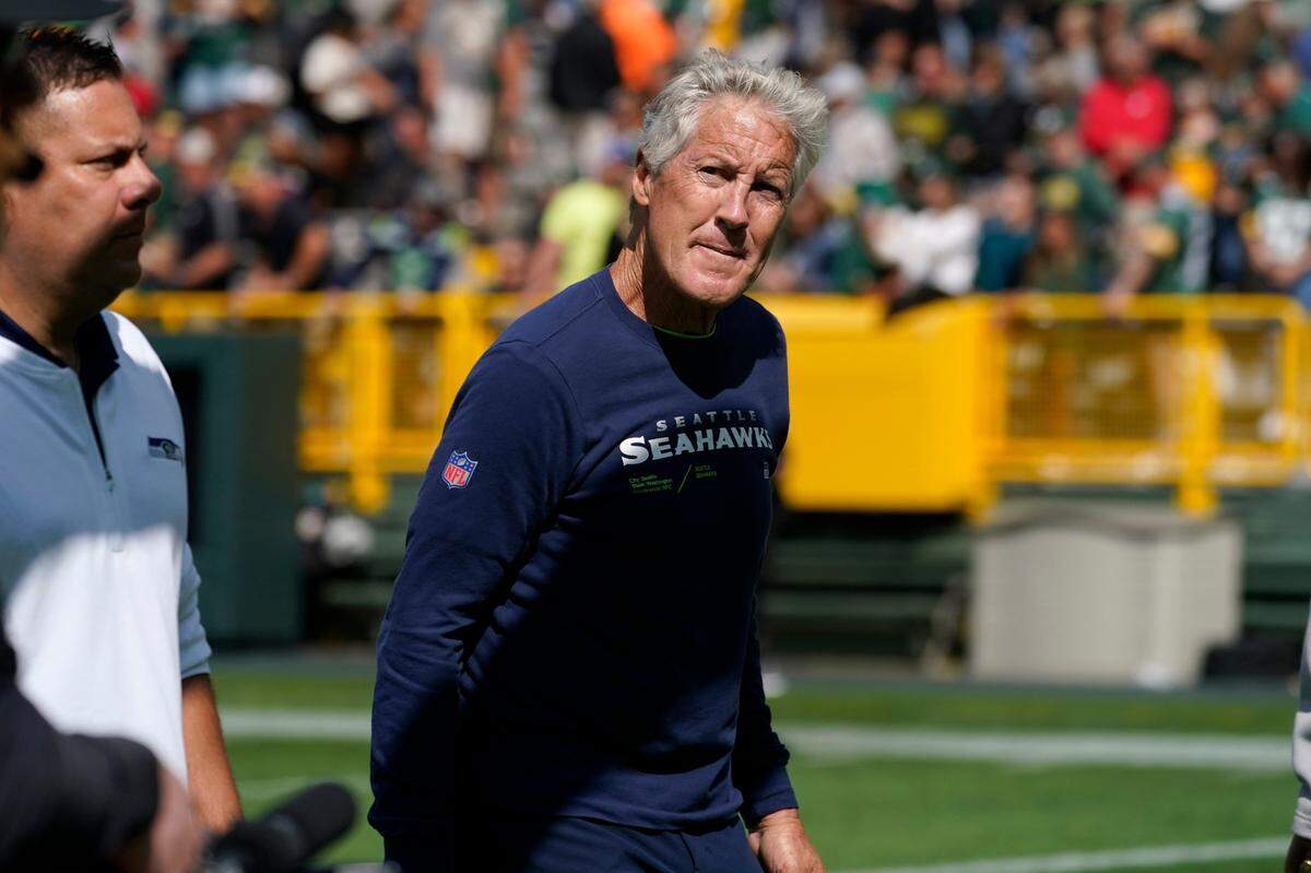 Seattle Seahawks head coach Pete Carroll walks off the field after a preseason NFL football game against the Green Bay Packers, Saturday, Aug. 26, 2023, in Green Bay, Wis. The Packers won 19-15. (AP Photo/Kiichiro Sato)