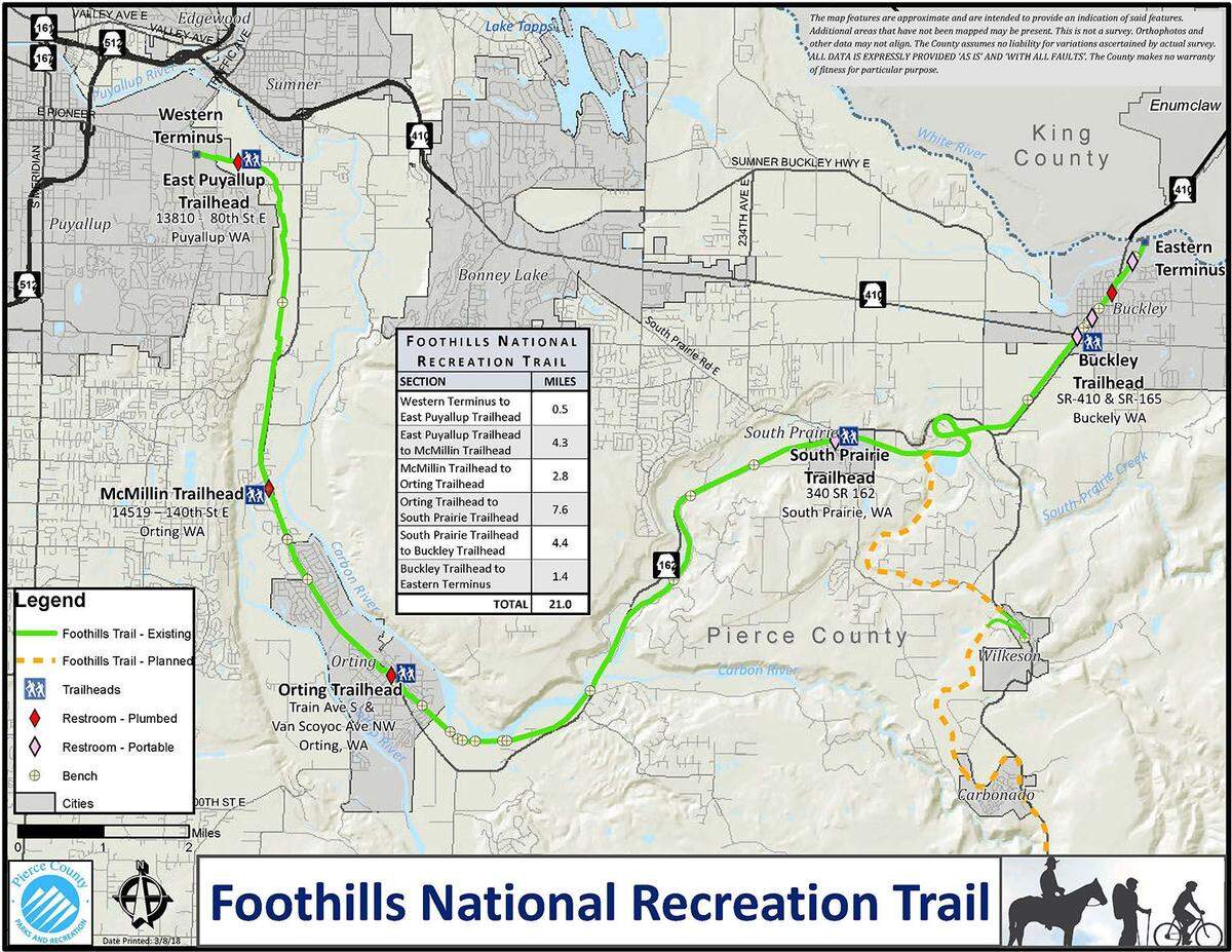 The Foothills Trail is a 21-mile commuter route that passes through Puyallup, Orting, South Prairie and Buckley.