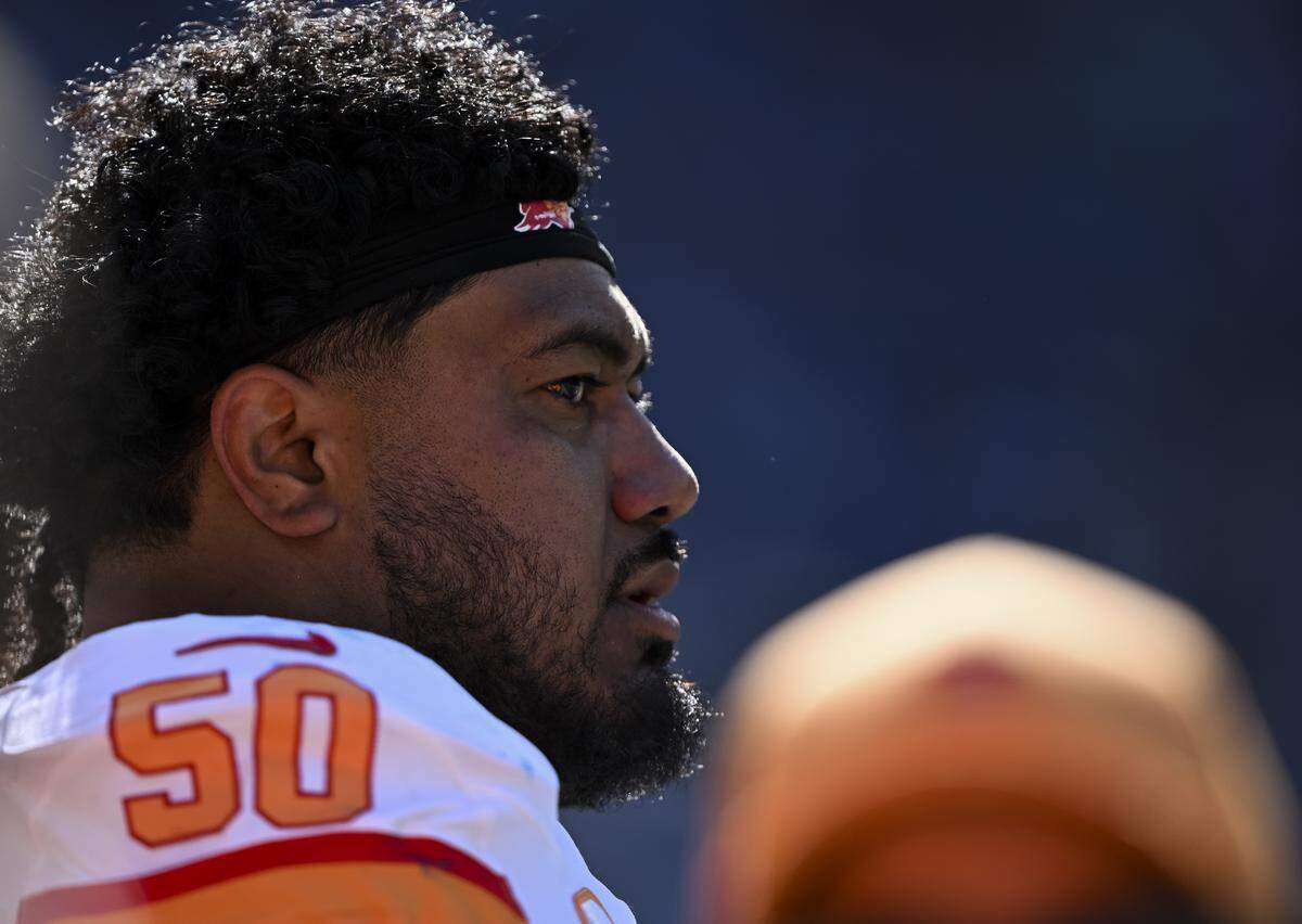 Tampa Bay Buccaneers defensive tackle Vita Vea (50) looks on during the second quarter of the game against the Seattle Seahawks at Lumen Field, on Sunday, Oct. 5, 2025, in Seattle.