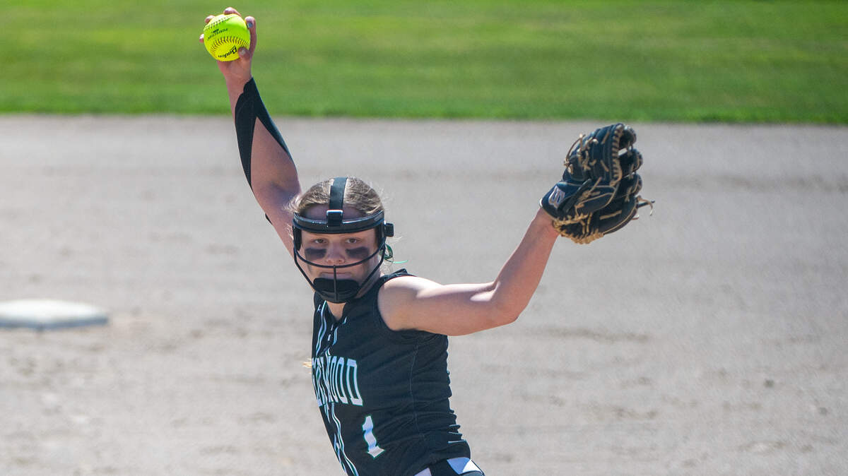 Kentwood starter Sarah Wright delivers a pitch to a Skyview batter in the top of the first inning of the District 2/3 tournament championship game on Saturday, May 21, 2022, at Kent Service Fields in Kent, Wash.