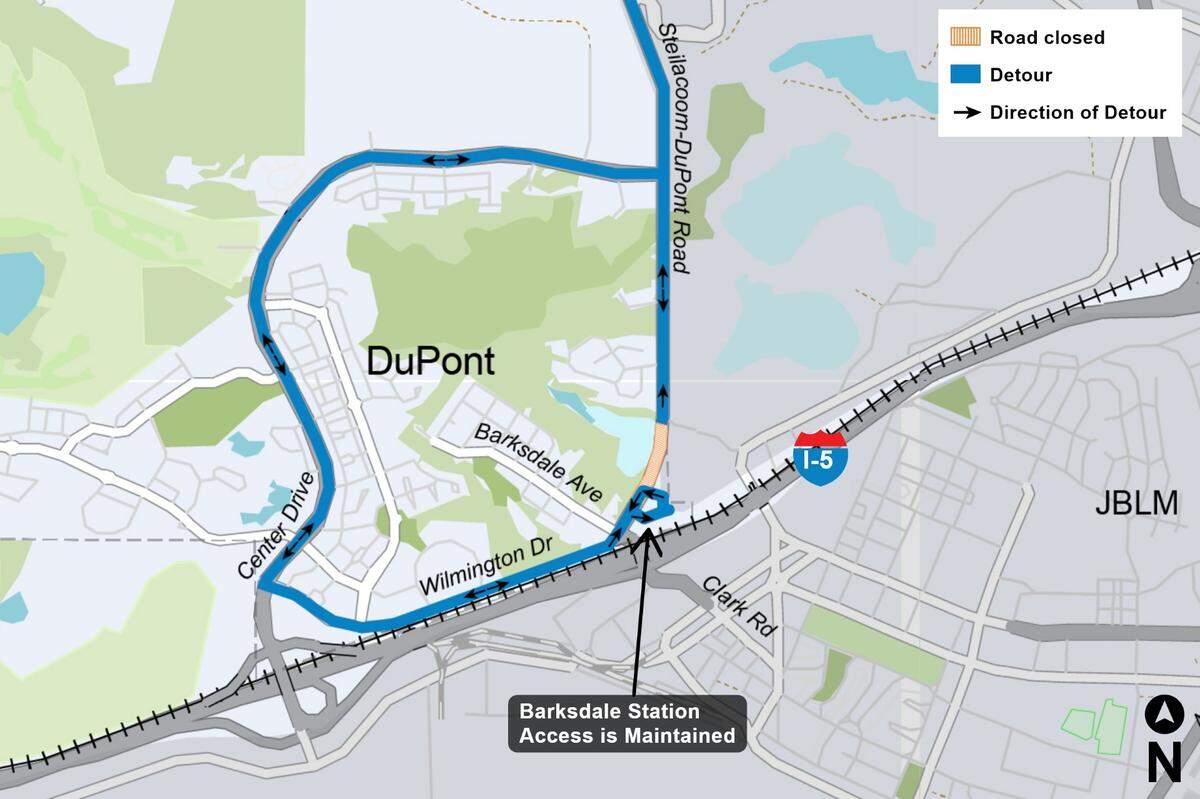 A map shows a busy section of Steilacoom-DuPont Road closed between Pendleton Avenue and Station Drive from May 2 to May 5, 2025 and traffic detours.