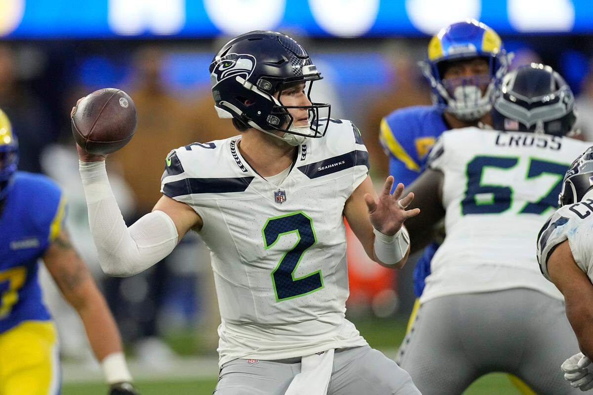 Seattle Seahawks quarterback Drew Lock (2) throws a pass during the second half of an NFL football game against the Los Angeles Rams Sunday, Nov. 19, 2023, in Inglewood, Calif. (AP Photo/Mark J. Terrill)